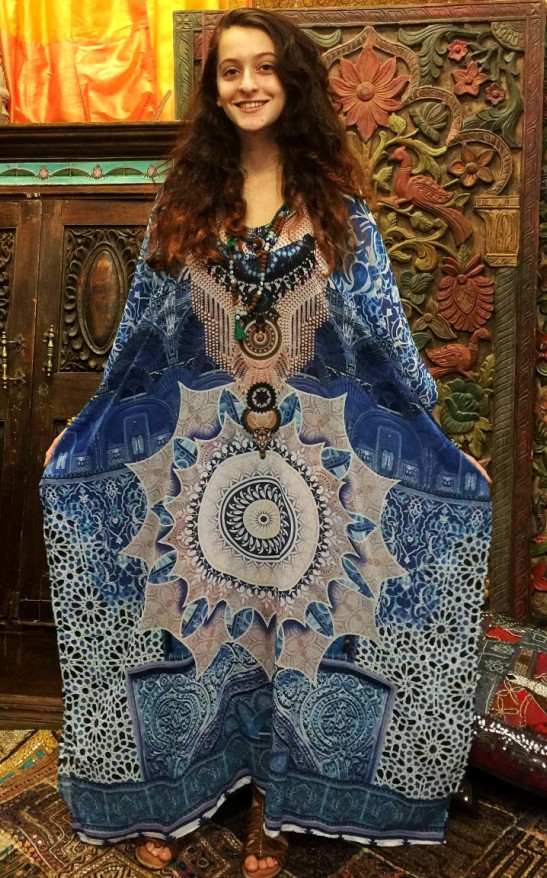 F4750 Maxi Tribal Print Scoop Neck Casual Blue Dress Cover Up
